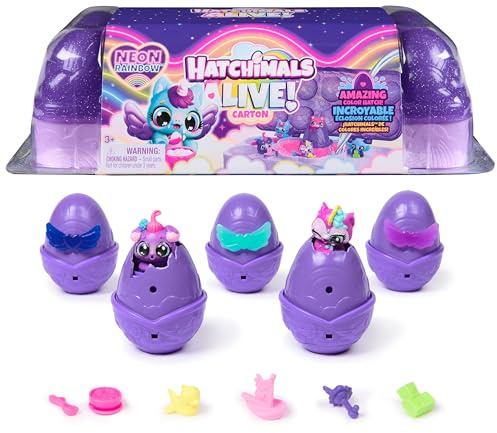 Hatchimals Alive, Neon Rainbow Egg Carton Toy, Cute Easter Basket Stuffers, Includes 5 Collectible Figures in Color Reveal Eggs, 11 Accessories