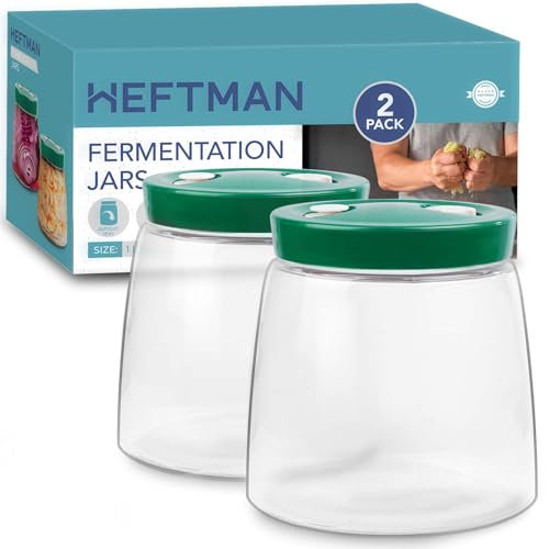 HEFTMAN Gärglas mit Entlüftungsventil mit 1-Wege-Entlüftung - 1L 2er-Pack Lebensmittelecht Fermentierglas für Kefir, Kimchi, Sauerkraut, Sauerteigstarter, Overnight Oats - 2 Stück (Grün)