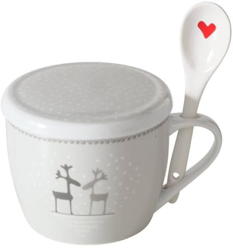 Boltze Home Weihnachtstasse Jumbo mit Deckel und Löffel LOVELIES, 600 ml, Farbe:hellgrau