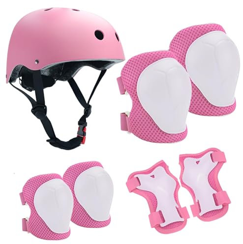 HTRTRR Kinderschutzhelm-Set mit verstellbarem Helm, Knie- und Ellbogenschützern und Handgelenkstützen für Skate, Fahrrad, Skating, Roller und andere Outdoor-Sportarten (Rosa)