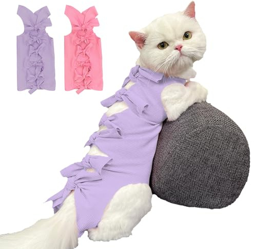KASESSS 2 Piezas Traje de Recuperación para Gato, Ropa para Gatos, Traje de Recuperación Quirúrgica para Gatos, Collar Electrónico Alternativa, Anti Lamiendo para Heridas Abdominales, Rosa Morado, M