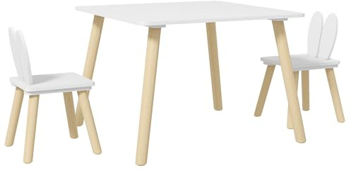 AIYAPLAY Juego de Mesa y 2 Sillas Infantiles Respaldos con Orejas de Conejo Mesa Infantil con Sillas Mesa para Niños para Sala de Juegos Guardería Blanco