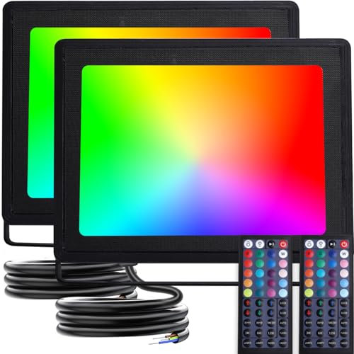 Aigostar Foco LED RGB para exteriores de 50W,2 piezas,Foco LED de color con control remoto,6 modos estroboscópicos,modo DIY,temporizador,regulables,IP65 a prueba de agua para jardín, fiesta, etc.