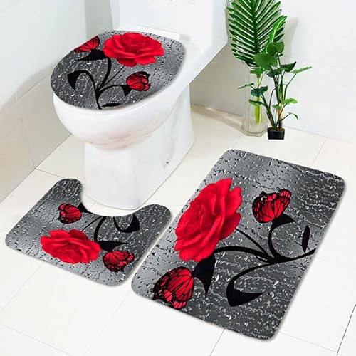 Badezimmerteppich Rote Graue Blume WC Vorleger mit Ausschnitt WC Deckelbezug 3 Teiliges WC Teppich rutschfeste Badgarnitur U förmiger Badematte Waschbar Bad Teppiche Set 45x75 cm