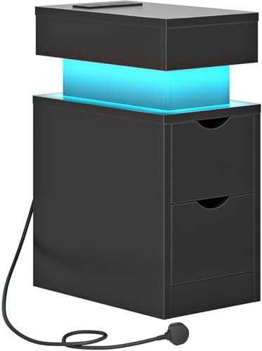 HOOBRO Bedside Table with Charging Station, Slim LED Nightstand with 2 Drawers, Narrow Side Table with Power, for Small Spaces, Bedroom, Living Room, Black EBK201KDBZ01