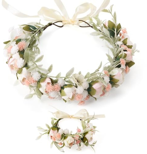 Ghope Blumenkranz Blume Krone Stirnband, Braut Haar Garland Haarreif Haarschmuck mit Armband Set, Haarkranz Rose Floral Haarband Blumen für Hochzeit Zeremonie Festival Party Strand