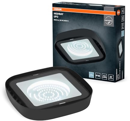 OSRAM Highbay Ufo, lámpara de techo negra, ofrece 80 W y 9300lm de luz blanca natural con 6500 K, protección IP65 contra chorros de agua y polvo (estanca), ideal para techos altos