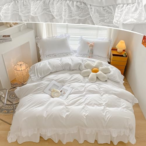 3 Pieces Ruffle Duvet Cover Sets with Edging White Ruffle and Lace Bedding Set Soft Breathable Microfiber Duvet Cover Double 200x200 cm