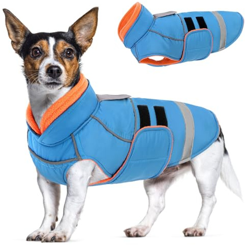 CITÉTOILE Wasserdichter Hundemantel mit Leinenöffnung Blau XS | Zweifarbige Hundejacke mit Klettverschluss, Warm Winter Hundekleidung mit Reflektoren, Wintermantel mit Bauchschutz für Hunde