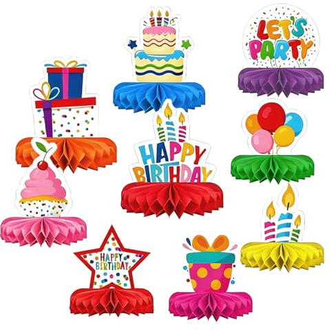9 Stück Bunte Happy Birthday Tischdeko, Waben Tischdekoration Party Deko | Geburtstag Tischaufsätze, Zuckerbienen Deko, Tisch Ornament für Geburtstag Party
