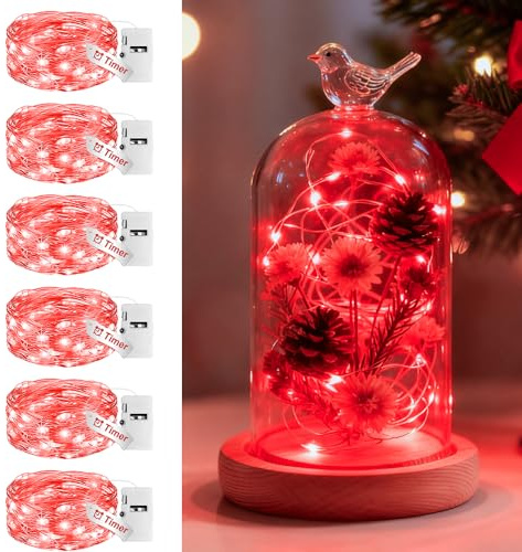 btfarm 6 Stück Mini Lichterkette Batterie mit Timer, 2M 20 LED Lichterkette Innen Batteriebetrieben 3 Modi Silberdraht Kleine Lichterketten Wasserdicht für DIY Party Weihnachten Hochzeit Rot