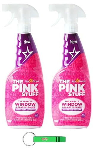 2 limpiadores de cristal The Pink Stuff con espray de vinagre de rosa/elimina la grasa y la suciedad de ventanas, espejos y otras superficies de cristal, 750 ml, incluye llavero Beni Culinari gratuito
