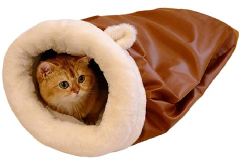 Katzenbett – Plüsch-PU-Leder-Katzen-Schlafsack, Katzenbetthöhle, Haustiernest für Katzen, Kätzchen, Welpen, Tiere, Outdoor, beruhigend, Reisen, Winter, Schlafzimmer