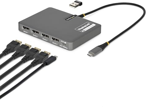 StarTech USB-C zu 4-Monitor Workstation Adapter, 4K 60Hz DisplayPort, 140W PD Passthrough, USB für Tastatur und Maus, TAA