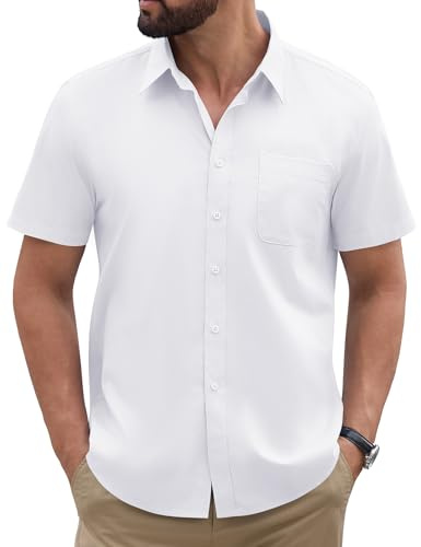 heekpek Chemise Homme Manches Courtes été Leger Chemisette T-Shirt Boutonnée Chemises avec Poche, Blanc, L