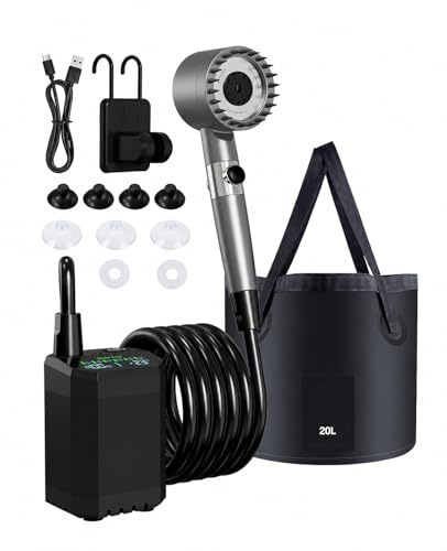 LANMOU Campingdusche mit Pumpe und 12000mAh Akku, Mobile Camping Dusche IPX8, mit 6 Druckstufen, 3 Strahlarten, Temperaturanzeige, 20L Faltbarer Eimer, 2m Schlauch
