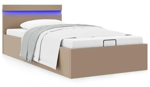 mtlskopl Einzelbett 100x200 cm mit Bettkasten LED Cappuccino Braun Kunstleder hydraulisches Bettgestell Modernes Design Stauraumbett für Jugendzimmer Gästezimmer Schlafzimmer