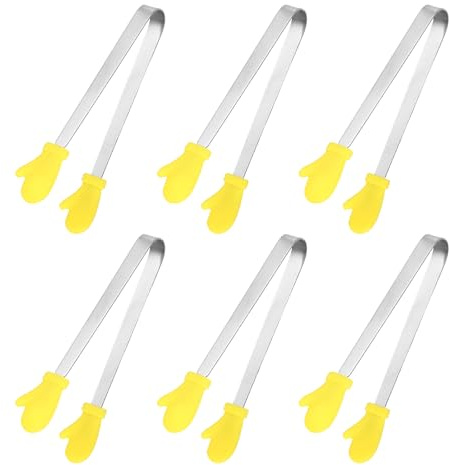 sourcing map 6PCS Silicone Mini Tongs, 12.5cm/5 Glove Shape Small Food Tongs with Stainless Steel Handle, Non Slip Textured Tips for Kitchen Sweets Ice Cubes Salad Sugar Fruits, Yellow