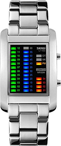 MASTOP Men's Creative Binary Matrix Blue LED Digital Waterproof Watch Stainless Steel Military Silver Watches, Silver, Digital