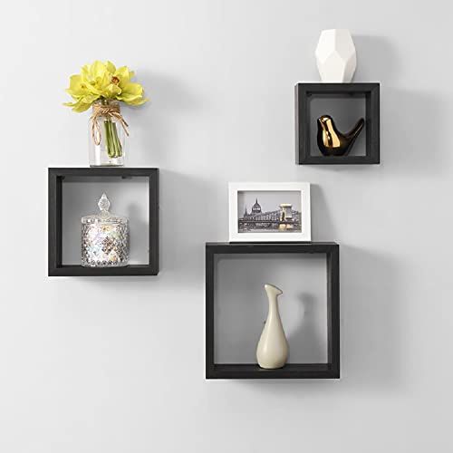 Spotondealz Cali Wall Floating Cube Box Shelf/Shelves Set of 3 Wall Hanging Display Shelving Unit-Black
