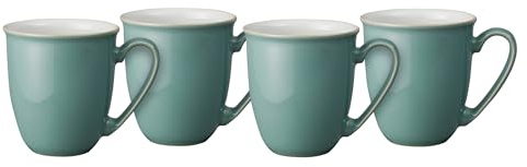 Denby - Elements Fern Green Coffee Mug Set of 4 - 330ml Stoneware Ceramic Tea Mug Set For Home & Office - Dishwasher Safe, Microwave Safe - Green, White - Chip Resistant