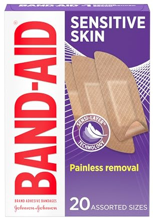 BAND-AID Brand Adhesive Bandages for Sensitive Skin, Hypoallergenic First Aid Bandages with Painless Removal, Stays on When Wet & Suitable for Eczema Prone Skin, Sterile, Assorted, 20 ct