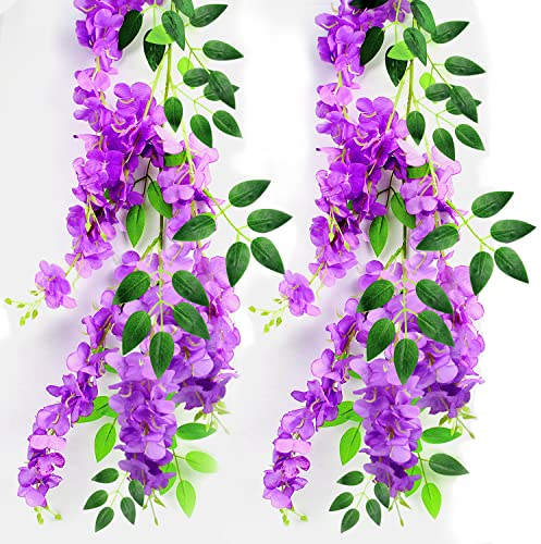 JINXIAN 2 Stück Künstliche Wisteria Blumen 180cm Künstliche Glyzinien Seidenblumen Hängeblumen Gefälschte Blumengirlande Blauregen künstliche Pflanzen Rebe für Hochzeit Traubogen Home Gartendeko