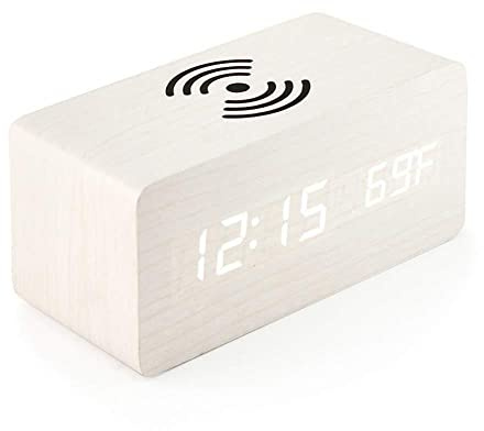 RANRAO Digitaler Wecker aus Holz, digitaler kabelloser LED-Digital-elektronischer Alarm, Aufladen kabelloses Laden, digitale Holzuhr, Nachttisch-LED-Uhr