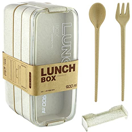 Laurel & Mason Triple Layer Lunch Box, 3 Compartment Packed Lunch Box, Microwave and Dishwasher Safe, Stackable, BPA Free, Cutlery Fork and Spoon Included (Cream)