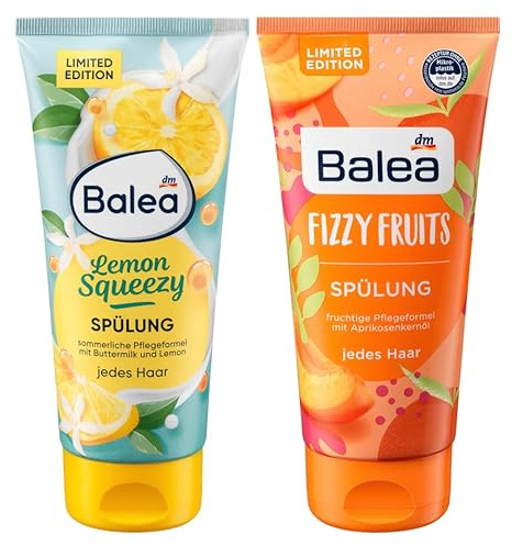 Balea 2er-Set Haarpflege: Conditioner Lemon Squeezy sommerlicher Zitronenduft, Pflegeformel mit Buttermilch für Geschmeidigkeit, 200 ml + Haarspülung Fizzy Fruits mit Aprikosenkernöl, 200 ml, (400 ml)