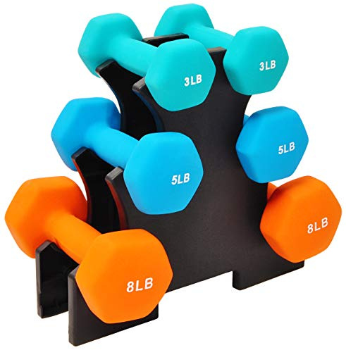 Signature Fitness Juego de 6 mancuernas de neopreno para mano, antideslizantes, no ruedan, forma hexagonal, coloridas, pares de 3/5/8 libras, juego de 32 libras con estante