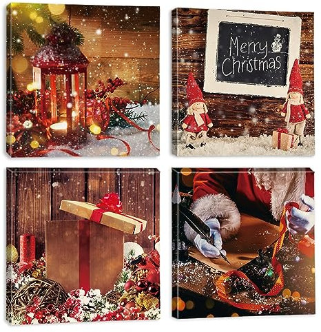 Ohok Premium Leinwandbilder Kunstdruck Bilder 30x30cm, Leinwanddruck Bilder 4er-Set Wandkunst Dekor Bild mit Holzrahmen Wandbilder für Schlafzimmer Büro Home Dekorationen (Weihnachten A)