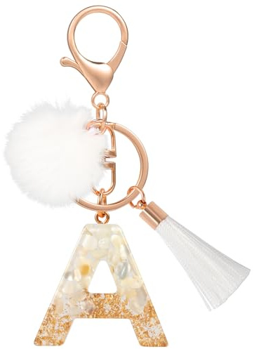 MWOOT Porte Clé Lettre Peluche Tassel, Initial Résine Or Blanc Keychain Personnalisé, Porte Clef Lettre A Pendentif Décoratif, Porte Clef Kawaii Voiture Charm, Idee Cadeau D'Anniversaire pour Femme(A)