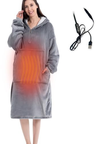 USB Heated Wearable Blanket Electric Hooded Blanket with 3 Heating Levels, Warm Cozy Flannel Long Oversized Hoodie Unisex Sweatshirt, Gray, Controller with Cable