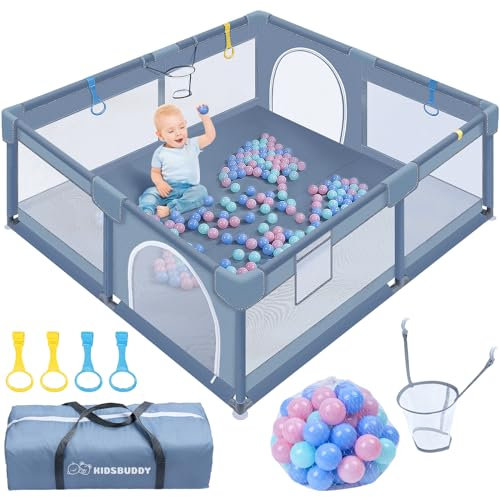 LARS360 Baby Laufstall Laufgitter 180cm Baby Bettgitter Rausfallschutz Bett mit 50 Bälle, 4 Griffe, Aufbewahrungstasche, Korbnetz (Dunkelgrau)