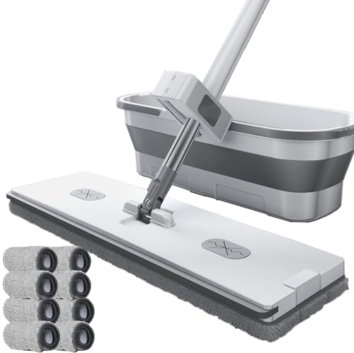 DFANCE Kit Balai Serpillère et Seau,Grande Serpillière Plate avec Seau Pliable et Tampons,Serpillère Plate Autonettoyante,Vadrouille Humide Et Sèche pour Le Nettoyage des Sols,8PCS Cloths