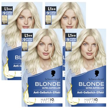 Schwarzkopf Blonde Aufheller L1++ (4x 143 ml), Haarfärbemittel für Öl-aktiviertes Haare Aufhellen mit HaptIQ System, für bis zu 9 Stufen ohne Gelbstich
