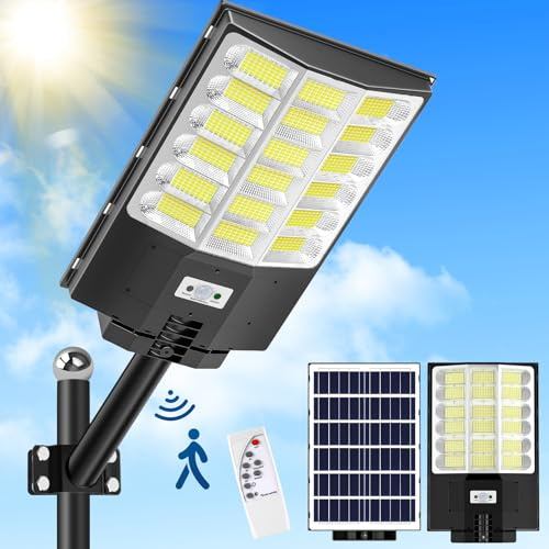 Lightasea 1200W Lampadaire Solaire Exterieur, 120000LM 6500K Spot Solaire Detecteur de Mouvement, IP65 Étanche Projecteur Solaires à LED avec Télécommande pour Cours, Jardins, Parkings