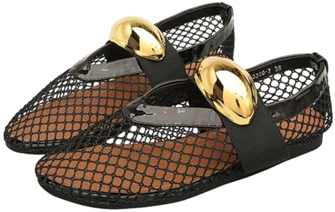 Balettskor i nät för kvinnor, mode bekväm rund tå fisknät plattor, spännrem Mary Jane casual ballerina, damer, bred bredd, vardagsklädsel för kontor, Mary Jane Flats, Xh02 Svart med guldspännen, 39 EU