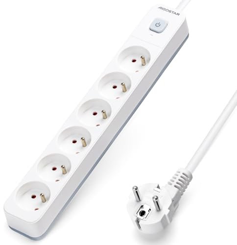 Aigostar Multiprises 6 Prises avec Interrupteur, Extension d'alimentation de 5 Mètre, Sécurité Enfant, Française, Blanc, 16A 250V