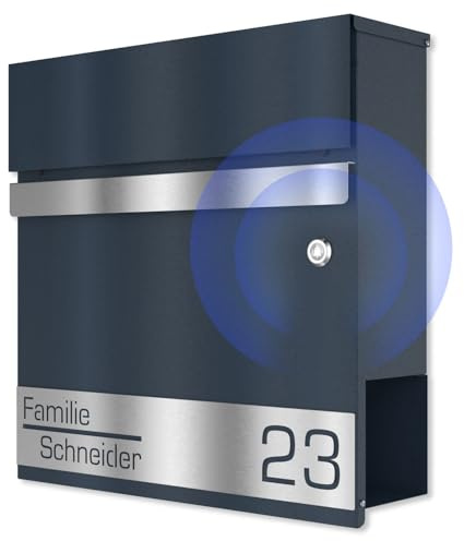 Graviers Design Briefkasten mit integrierter Funkklingel in Anthrazit RAL 7016 - Postkasten personalisiert Edelstahl Name Hausnummer Laserschnitt Gravur Wandbriefkasten mit Schloss