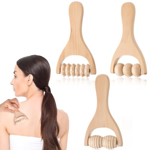 3Pcs Wooden Manual Roller Massager Tool for Full Body Muscle Relaxation, Soft Tissue and Exercise - Self-Massage With Wooden Handles