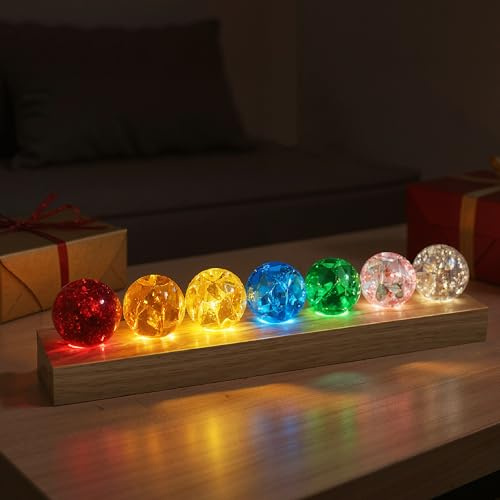 L LOHAS LED 7 Colors 40mm Ice Cracked Balls Crystal Chakra Balls with LED Wooden Base Glass Healing Sphere Balls with Stand Night Light Decoration Quartz for Home Living Room