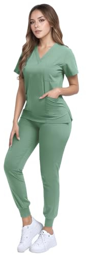 Chesoon Set di Camice con Coulisse Unisex con Scollo a V e Pantaloni a Carota con 3 Tasche Uniforme Medica a Maniche Corte
