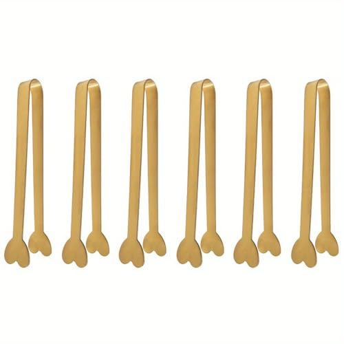 Voarge 6 Stück Mini Zuckerzange Set, Herzform Eiswürfelzange Salatzange Gebäckzange Gold Servierzange, für Kaffee Tee Catering Party Hochzeit Büfett Grill