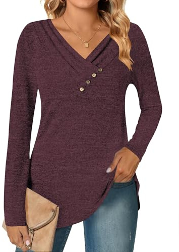 DUOEASE Camisetas de Manga Larga para Mujer Otoño Invierno Jersey Cuello en V Ligero Casual Blusas(Rojo Vino,L)