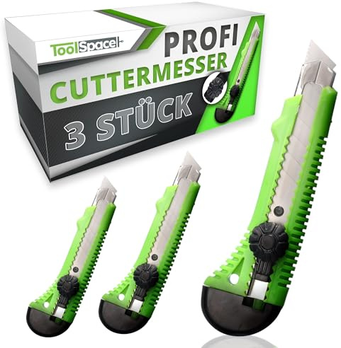 ToolSpace Cuttermesser 3 Stück Abbrechklinge 18 mm Teppichmesser 7 Segment | Carbonstahl, Gummi-Griff, rutschfest, Schraubensicherung, Metallführung, für Karton, Tapeten, Folien, Kunststoff, Werkstatt