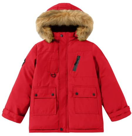 Happy Cherry Baby Pojke Vinterkappa Varm Vadderad Jacka med Päls Avtagbar Huva Vindtät Parka Stil För 5-14 År, Röd, 7-8 �r