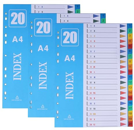 JALVPI 3er 20 Teilig A4 Register Trennblätter A-Z für Ordner, Kunststoff, Alphabetisch ABC Registertrenner für Organisation, 225x297mm 1-20