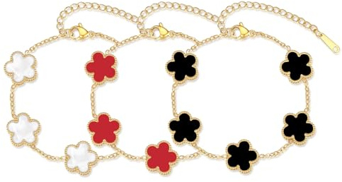 ZhouWei 3 Stück Vierblättriges Kleeblatt Armband Damen, Armband Kleeblatt Schmuck Gold Adjustable Glücksarmband Armreif Vergoldeter Armreif, für Hochzeit Geburtstag Glücksschmuck
